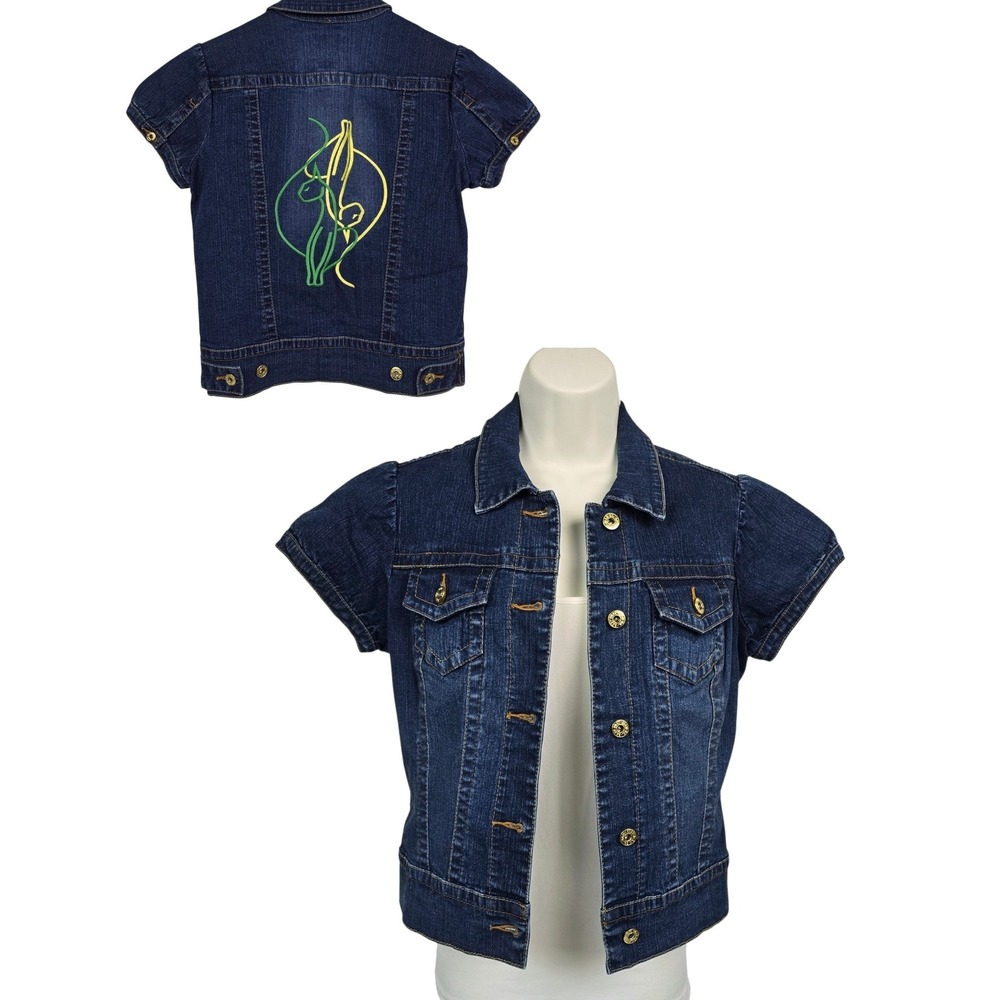Y2K Baby Phat Cropped Denim Jacket Puff Sleeve Embroidered Cat - L - Runs Small